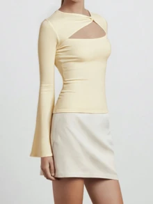 Women T-Shirt Long Sleeve Hollowed Solid Slim Fit Ladies Fall Tops Streetwear For Club Party