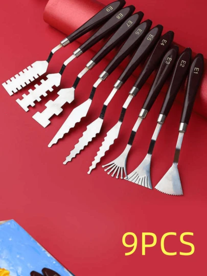9 件多功能纹理调色刀 - 不锈钢刀片 + 木质/塑料手柄、油画刮刀、搅拌刀、丙烯画、水彩画、艺术家和业余爱好者的美术用品