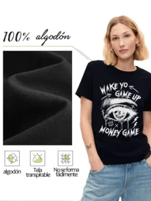 Camiseta de mujer con estampado moderno de ojo con símbolo de dólar,estilo casual y urbano para un look original. - Negro - Ver 3