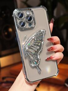 奢华电镀透明手机壳，带蝴蝶亮片支架，水钻闪耀风格，硅胶防震软壳，兼容 16/16E/16 Pro/16 Pro Max/16 Plus/15/14/13/12/11/X/XS/XR/8/7、Galaxy S25/S24/S23/S22/S21/A55/A54/A53/A52/A35/A34/A23/A16/A15/A14/A13/A12/A05S/FE/Ultra/4G/5G、Redmi/Honor/MOTO/OPPO/Infinix 等手机，防水、防震、防刮。