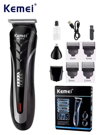 Kemei Kemei KM-1419 Professional Men's 3-In-1 Hair Clipper And Beard Trimmer, Multifunctional Electric Hair Clipper, Rechargeable Cordless Nose Trimmer Tool, Hair Cutting Shaver For Home Use, Portable Men's Travel Beauty Gifts