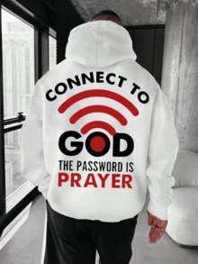 "Connect To God", Men's Casual Hoodies, Religious Blessing Print, Men's Clothes, WIFI Hoodies Graphic, Jesus Hoodie, With Pockets, Unisex, Daily Casual Wear, Outdoor Sports Tops, Men's Gifts, Halloween, Christmas Gifts - 白色 - 查看 2