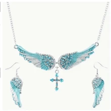 3pcs Angel Wing Pendant Necklace And Earring Jewelry Set, Inlaid Artificial Faux Gemstone Pendant, A Necklace Set Suitable For Parties And Gifts - Màu xanh lam - Xem 2