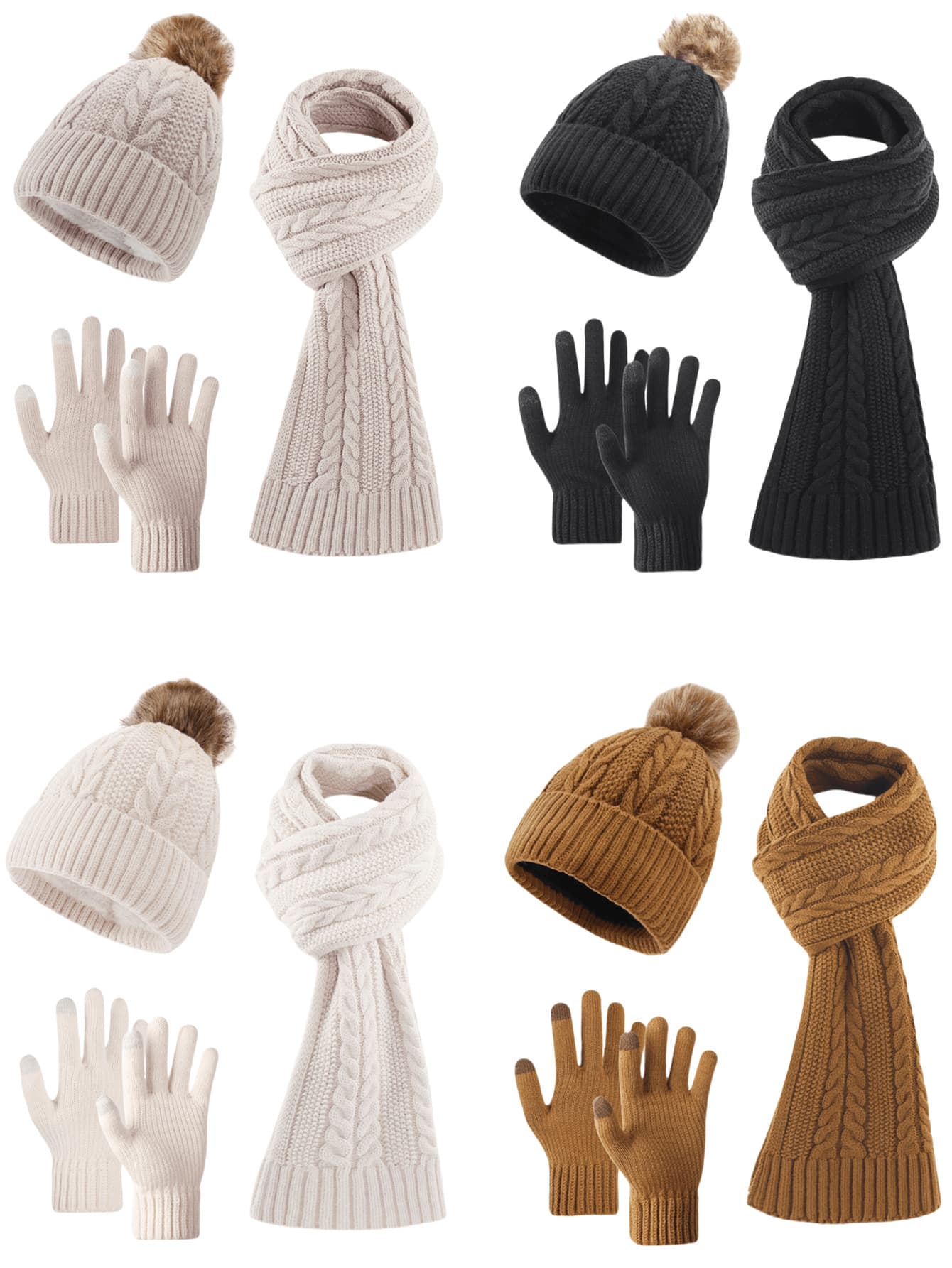 3pcs Women Fashion Solid & Striped Knitted Jacquard Beanie, Scarf And Gloves Set, Warm And Soft For Autumn/Winter Outdoor, Casual, Travel Fall Valentines Gift - Multicolor - View 1