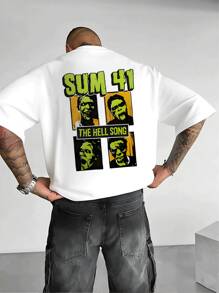 Men's Double Sided Graphic Tee With Band Logo And Zombie Faces Print, Cool Casual TShirt For Music Fans, Unique Streetwear Style