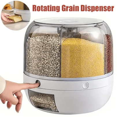 Lislark 360° 6 Grid White Rotating Food Bucket - Transparent Rice Storage Container - Rotatable Dry Food Fruit Storage Box Tank For Home Kitchen