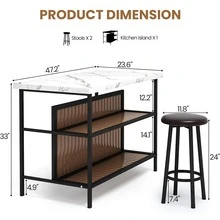 3 Pieces Kitchen Island Set With 2 Bar Stools, Modern & Contemporary Style Dining Room Table And Chairs Set With 2-Tier Storage Shelves, Counter Height Bar Table Set For 2, 3 PCS Kitchen Table Set With 2 Chairs For Kitchen, Dining Room, Restaurant - Đá cẩm thạch trắng - Xem 8