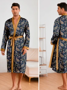 男士丝滑睡衣套装，欧式长袖睡袍及睡衣，轻盈透气浴袍，夏季家居服，速干凉爽 - 橄欖綠 - 查看 3