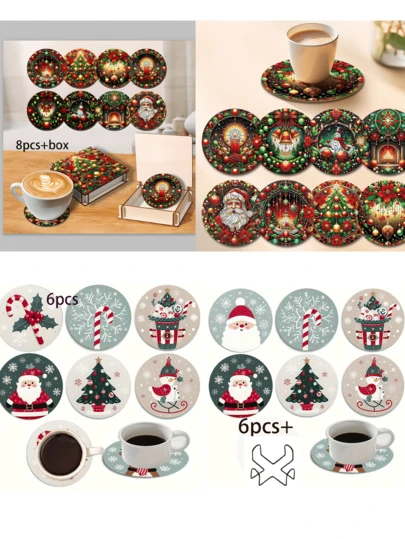 6 件（带储物架）圣诞节畅销圆形餐垫和杯垫套装，防滑耐热，包含围巾雪人、圣诞老人、驯鹿、圣诞树、蜡烛、灯笼木质杯垫，家居节日装饰，节日派对礼物，多种选择
