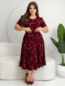 GODÊ MIDI DRESS WITH SHORT SLEEVE BELT AND GEOMETRIC PRINT - Burgundy - View 2