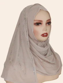 1pc Women's Knitted Jacquard Elastic Fabric Long Scarf, Wave Pattern Rhinestone Crafted Hijab Headscarf, Malaysian Style