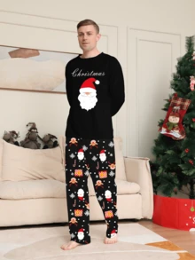 Lo Rrtta New Christmas Element Men's Pajama Set, Round Neck Black Base Santa Claus Print Top With All-Over Holiday Pattern Pants, Comfortable Sleepwear 2 Pieces Set, Winter Clothes - Multicolor - View 4