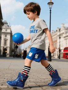 儿童防水雨靴轻便一脚蹬幼儿靴带手柄男童可爱户外玩耍鞋蓝色款 - 藏蓝色 - 查看 3