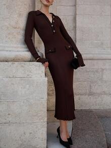 Vestido de suéter de punto elegante y casual, vestido maxi de suéter con bloque de color y cuello francés, vestido elegante y de moda para ir y venir, estilo vintage, atuendo de mujer para la calle y de vuelta a la escuela, adecuado para bodas, reuniones y fiestas - Café integral - Ver 8