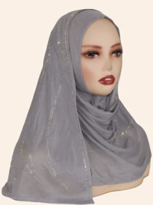 1pc Women's Knitted Jacquard Elastic Fabric Long Scarf, Wave Pattern Rhinestone Crafted Hijab Headscarf, Malaysian Style