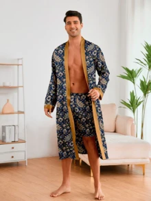 男士丝滑睡衣套装，欧式长袖睡袍及睡衣，轻盈透气浴袍，夏季家居服，速干凉爽 - 橄欖綠 - 查看 4