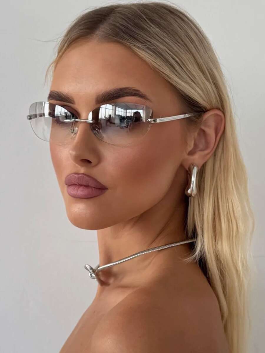 Unisex Retro Y2K Summer Fashion Frameless Oval Glasses With Metal Hinges, Comfortable & Ultra-Light Large Size Metal Glasses Vacation Outfits Women Oval Shape Shades - Multicolor - View 1