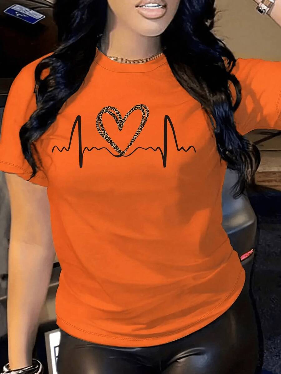 Playera camiseta básica mujer dama cuello redondo manga corta estampado de ritmo de corazón parte superior elástica de poliéster primavera/verano uso diario material no transparente - Naranja - Ver 1
