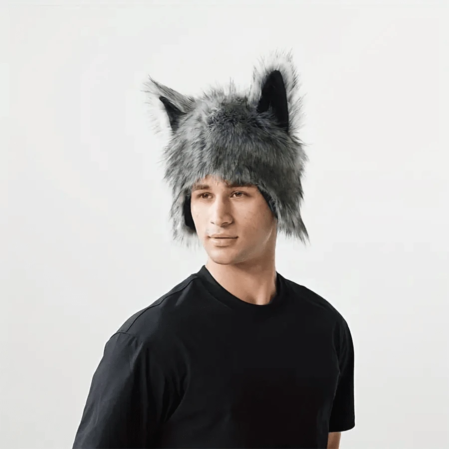 男女通用狼毛绒街头风格帽子，动物主题头饰，万圣节服装，圣诞派对装，迷人、性感、时尚的角色扮演尾巴，男女皆宜