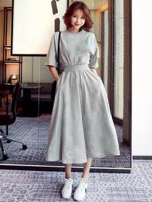 Mujeres sueltas verano falda de cintura larga Skinny Premium coreano de cintura alta estilo universitario vestidos de manga corta - Gris - Ver 1