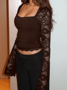 Women's Fall Square Neck Tops Lace Long Sleeve Solid Color Slim Fitted T-Shirts Going Out Blouses - Màu nâu - Xem 2