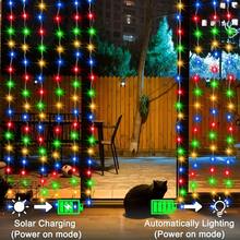 300 LED Solar Powered Window Curtain Lights, 8 Lighting Modes Fairy Lights, Christmas Decorative Lights, Suitable For Wedding, Outdoor Garden, Holiday, Wedding, Wall, Halloween, Outdoor Patio Decor