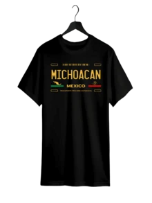 sommer t shirt herren tshirt mit Kennzeichenmotiv aus Michoacán, Mexiko – 100 % Baumwolle, Schulkleidung & Unisex, Freizeit-T-Shirt; bequem, Kurzarm, Rundhalsausschnitt, ideal für Freizeitkleidung, Schulkleidung für Kinder und Jugendliche - Schwarz - Übersicht 1