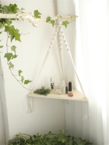 1pc Bohemian Style Handwoven White Rope & Beige Hanging Corner Shelf, Decorative Storage Rack For Bedroom, Bathroom, Office, Living Room - Suitable As Christmas, Halloween, And Holiday Gift - Multicolor - View 7