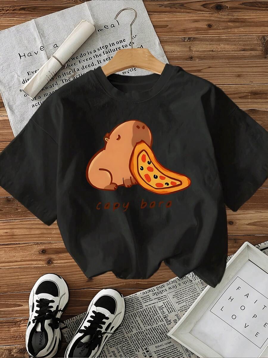Camiseta de Mujer con Diseño Divertido de Carpincho y Pizza,Estilo Casual y Cómodo,Perfecta para el Verano ¡Consigue la Tuya! - Negro - Ver 1