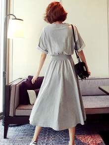 Mujeres sueltas verano falda de cintura larga Skinny Premium coreano de cintura alta estilo universitario vestidos de manga corta - Gris - Ver 2