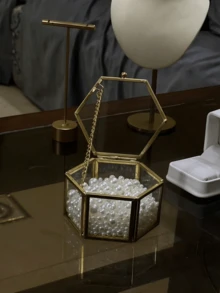 Glass Vintage Jewelry Box - Elegant Golden Geometric Jewelry Display Organizer For Home Decor, Perfect Keepsake Storage Solution For Rings, Earrings, And Trinkets, Ideal Gift For Birthdays, Anniversaries, And Holiday Celebrations, Stylish And Functional Decorative Box To Enhance Your Living Space And Keep Your Treasures Organized