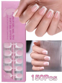 150 piezas de uñas postizas cuadradas cortas, puntas francesas rosas profundas de gel suave, usadas como uñas postizas para manualidades, estilo simple y versátil en 15 tallas adecuadas para mujeres - Rosa - Ver 2