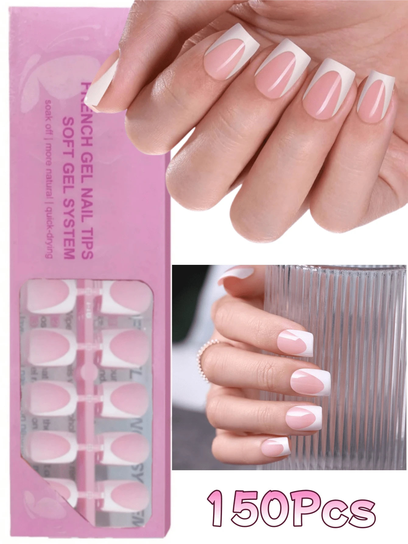 150 piezas de uñas postizas cuadradas cortas, puntas francesas rosas profundas de gel suave, usadas como uñas postizas para manualidades, estilo simple y versátil en 15 tallas adecuadas para mujeres