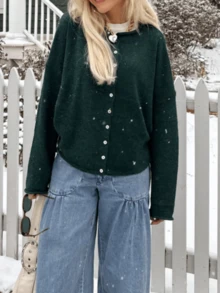 Vivid Style Autumn/Winter New Women's Curled Collar Round Neck Shell Button Long Sleeve Knit Cardigan, Short Loose Comfortable Solid Color Sweater Jacket, Retro, Christmas, Christmas Sweater, New Year Attire