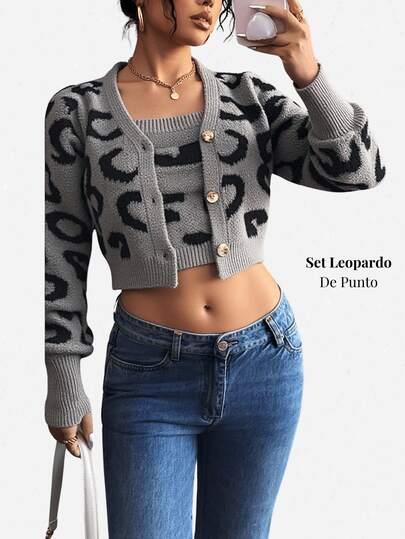 Leopard Print Knit Two - Piece Set (Cardigan + Crop Top) - Ideal for Fall & Spring, Casual Outings, Streetwear. Trendy, Versatile Sweater Set.