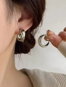 复古奢华金色圆形耳环，女士高端简约金属耳环 - 金黃色 - 查看 9