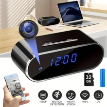 Cámara reloj FHD 1080P con detección de movimiento, visualización remota, Wi-Fi, grabación de audio y video (con tarjeta SD de 32 GB) - Cámara para interiores, dispositivo inteligente para el hogar, reloj multifunción para monitoreo de hogares, oficinas y almacenes - Negro - Ver 1