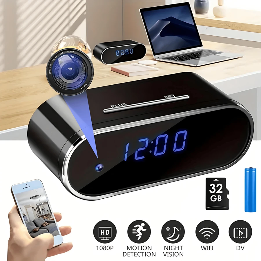 Cámara reloj FHD 1080P con detección de movimiento, visualización remota, Wi-Fi, grabación de audio y video (con tarjeta SD de 32 GB) - Cámara para interiores, dispositivo inteligente para el hogar, reloj multifunción para monitoreo de hogares, oficinas y almacenes - Negro - Ver 1