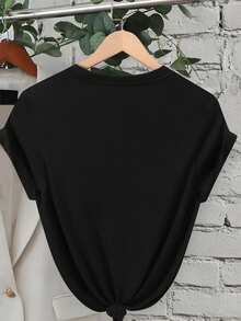 Camiseta de verano de manga corta y cuello redondo con estampado de cerezas para mujer - Negro - Ver 2