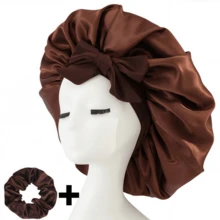 2pcs/Set "Spacious Space" Luxurious Solid Color Satin Bonnet With Satin Scrunchies Large Soft Y Bonnet For Sleeping Satin Hair Bonnet Night Cap Hair Care Hat With Tie Band Bonnets
