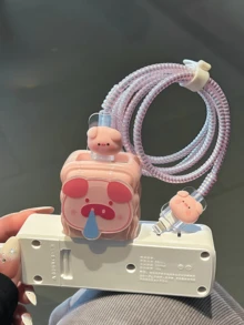 Set de 5 protectores de cable con diseño de nariz de cerdo de dibujos animados, se ajusta a cargadores de 18/20W de EE. UU., enrollador de cable, protector de cable de datos, cable de datos anti-rotura de 1.5m, protector de cabezal de cargador de TPU