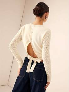 Women's Knitted Drawstring Backless Top, Button Shoulder Sweater