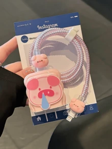 Set de 5 protectores de cable con diseño de nariz de cerdo de dibujos animados, se ajusta a cargadores de 18/20W de EE. UU., enrollador de cable, protector de cable de datos, cable de datos anti-rotura de 1.5m, protector de cabezal de cargador de TPU