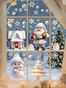 113pcs/Set 3D Christmas Static Cling Window Stickers, Includes 2 Double-Sided Christmas Stickers, White Snowflake Static Cling Glass Stickers, Reusable Santa Claus, Snowman, Snowflake, Reindeer Decorative Stickers, Suitable For Home, Shop Windows, Holiday Party Decor, Easy To Apply And Remove, Window Stickers With Double-Sided Christmas Stickers