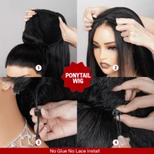 ZHENDEFA 3-In-1 Clip-On Straight Wig, Real Human Hair, Machine-Made, Drawstring Design, No Glue Needed, Beginner-Friendly - Black - View 6