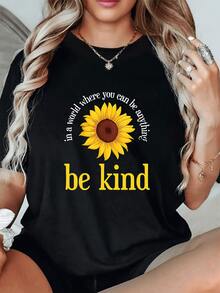 Camiseta de mujer con estampado de girasol y mensaje inspirador.Diseño moderno y cómodo.Ideal para un look casual y con estilo.¡Sé amable! - Negro - Ver 1