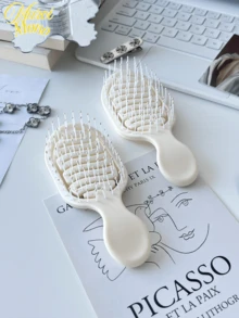 <Milk White Grace For Every Strand>，1 件迷你尺寸象牙色镂空设计造型梳，夏季女性干湿两用旅行必备品，返校，旅行度假必备品，女士发饰 - 米色 - 查看 5