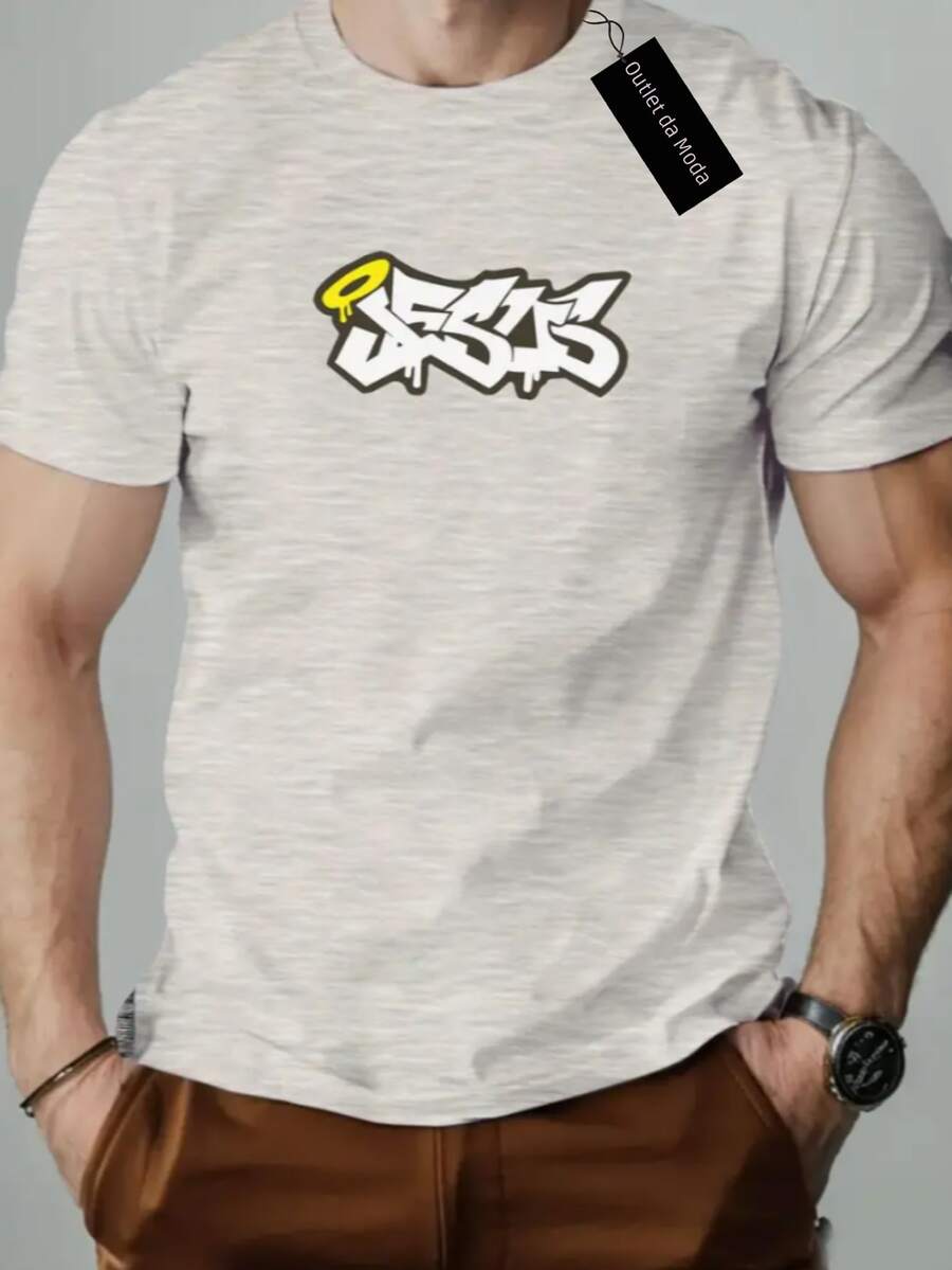Camiseta masculina Estampada JESUS Grafite Camisa 100% algodão super confortável moda verão - Cinza - Visão 1
