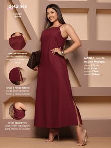 Controverso Elegant Linen Long Dress With Spaghetti Straps And Slit, Casual Chic Party - Gỗ đỏ - Xem 2