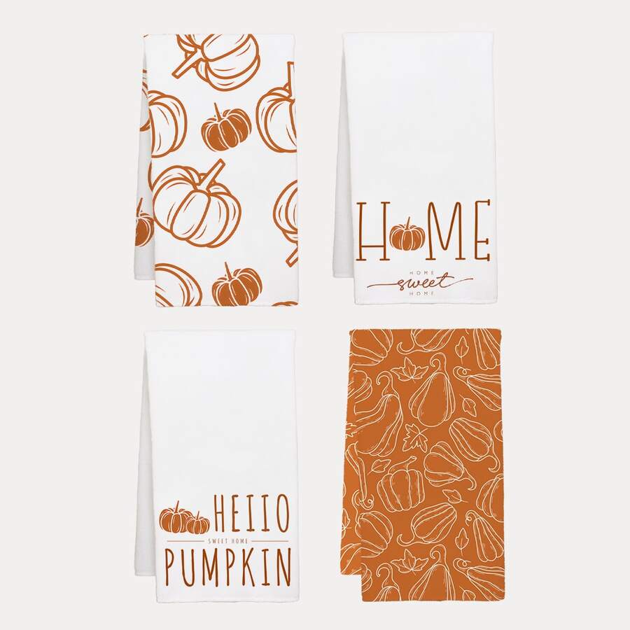 4pcs Minimalist Autumn Pumpkin Pattern Kitchen Towels, Soft Polyester Dish Cloths, Suitable For Kitchen Decor, Cleaning, Holiday Party Decoration, Kitchen & Bathroom Essentials, Home Decor, Housewarming Gift
